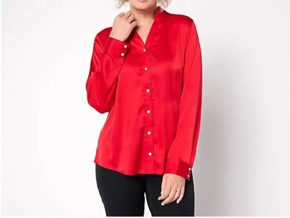 Denim & Co Satin Button Front Blouse Top Size M Christmas Red A668767 NWOT